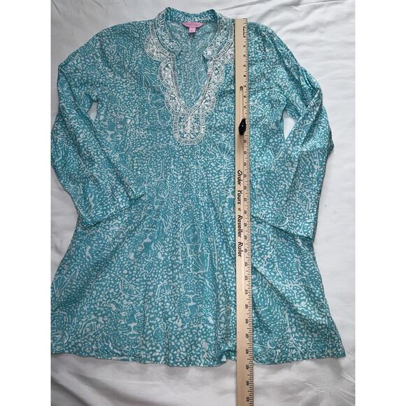 Lilly Pulitzer Sarasota Tunic Size S Blue Ice Cake Teal Beaded Vacation Resort - Picture 5 of 12